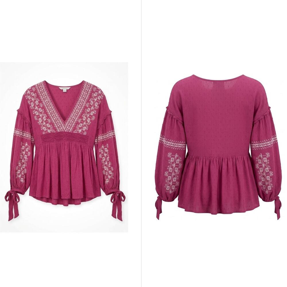 American Eagle Pink Embroidered Smocked Peplum Blouse Women Size S/P